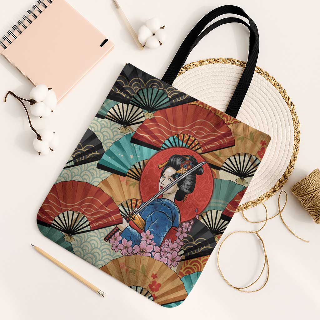 Japanese Geisha Katana Tote Bag Japan Sensu Seigaiha Pattern - Polynesian Pride