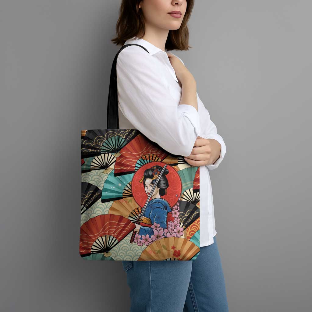 Japanese Geisha Katana Tote Bag Japan Sensu Seigaiha Pattern - Polynesian Pride