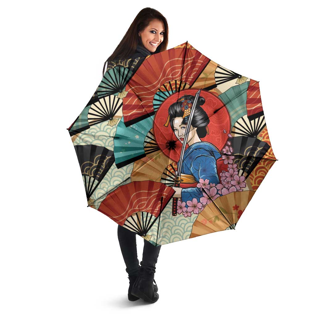 Japanese Geisha Katana Umbrella Japan Sensu Seigaiha Pattern - Polynesian Pride