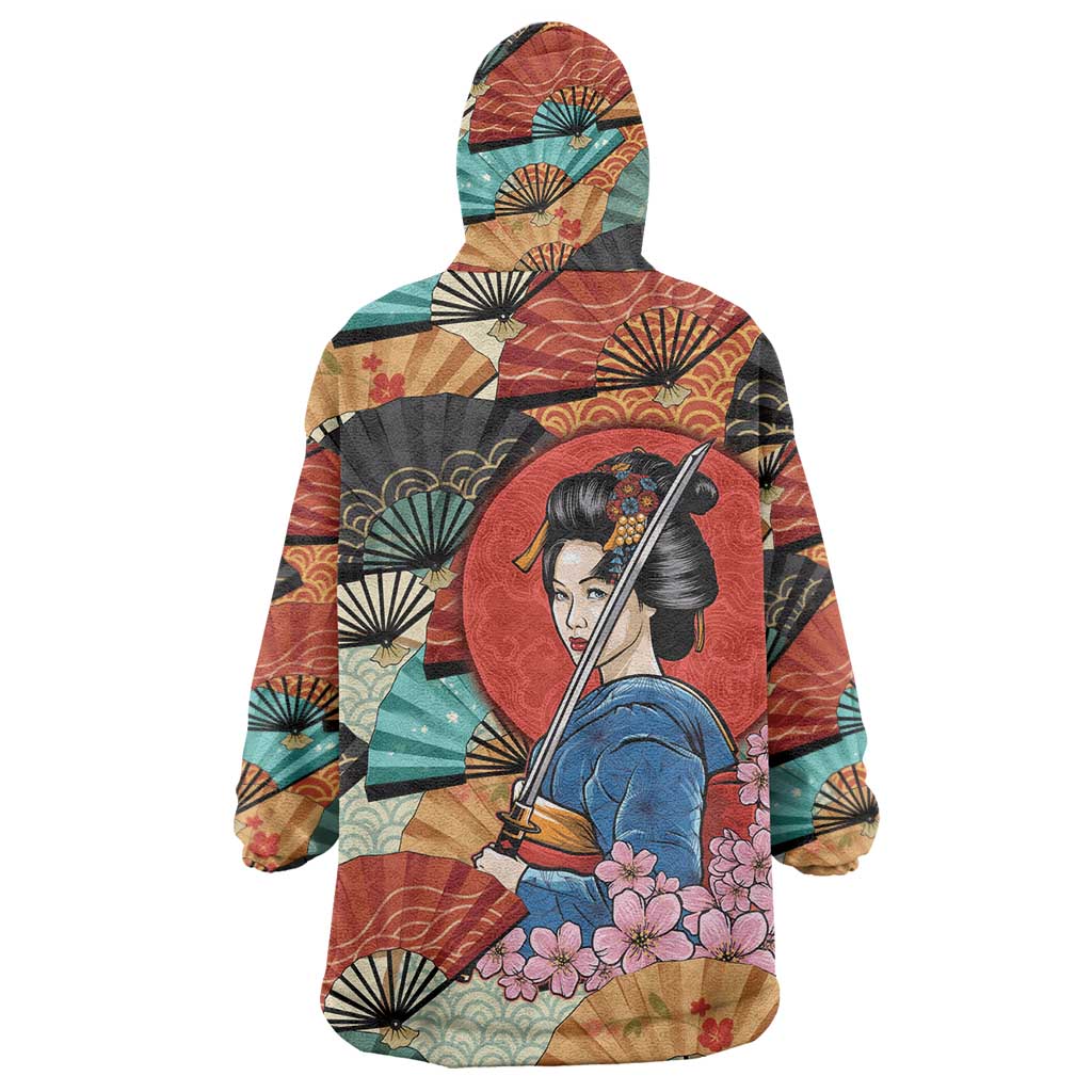 Japanese Geisha Katana Wearable Blanket Hoodie Japan Sensu Seigaiha Pattern LT14 - Polynesian Pride