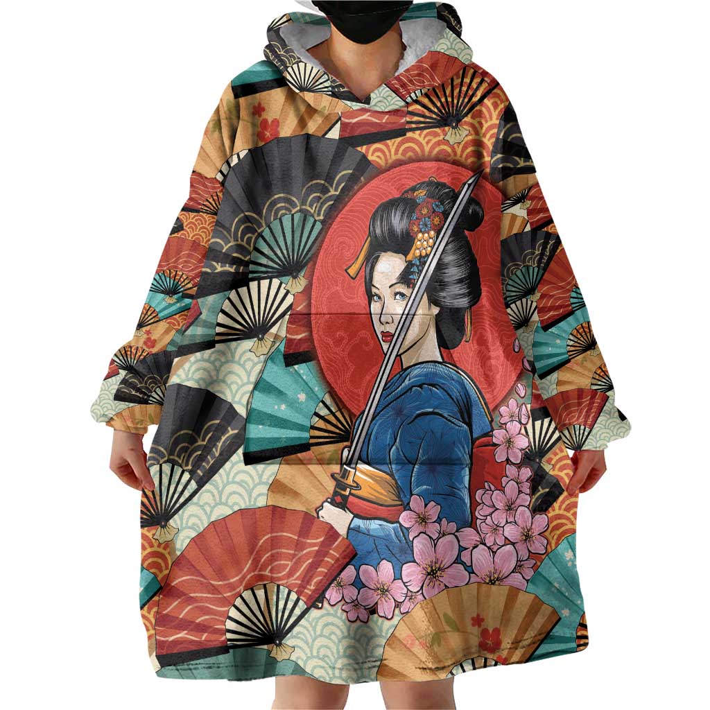 Japanese Geisha Katana Wearable Blanket Hoodie Japan Sensu Seigaiha Pattern LT14 - Polynesian Pride