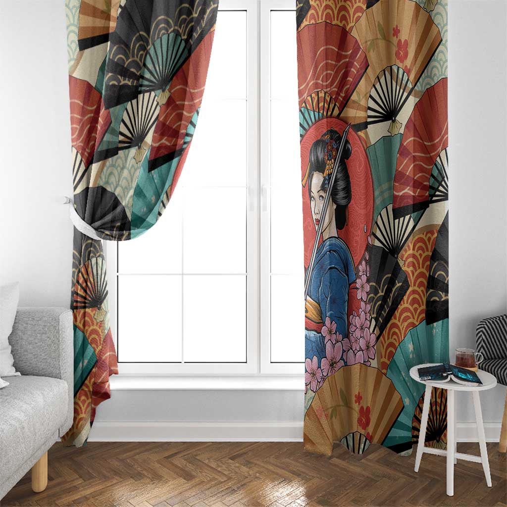 Japanese Geisha Katana Window Curtain Japan Sensu Seigaiha Pattern - Polynesian Pride