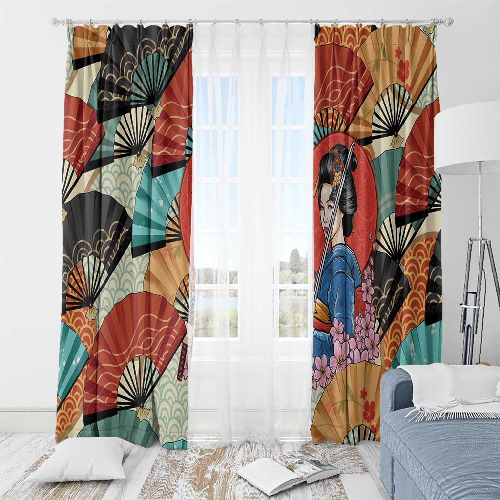 Japanese Geisha Katana Window Curtain Japan Sensu Seigaiha Pattern - Polynesian Pride