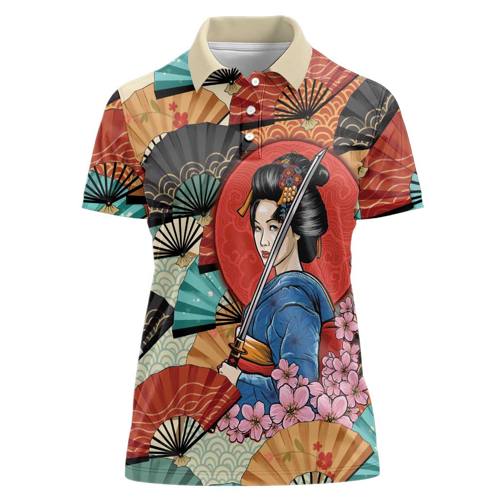 Japanese Geisha Katana Women Polo Shirt Japan Sensu Seigaiha Pattern LT14 Female Multicolor - Polynesian Pride