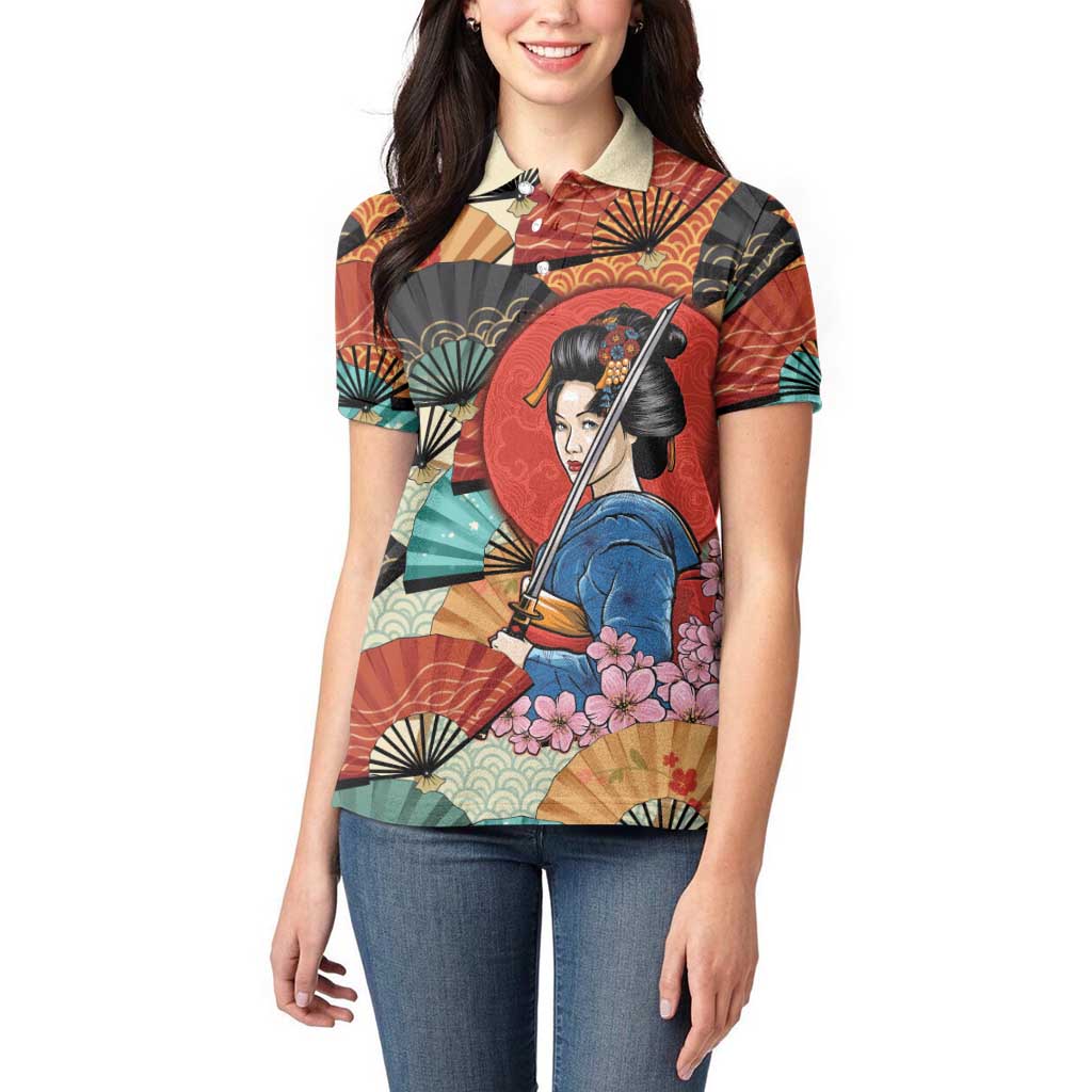 Japanese Geisha Katana Women Polo Shirt Japan Sensu Seigaiha Pattern LT14 - Polynesian Pride