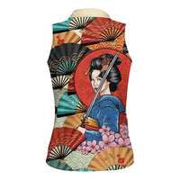 Japanese Geisha Katana Women Sleeveless Polo Shirt - Japan Sensu Seigaiha Pattern LT14 - Polynesian Pride