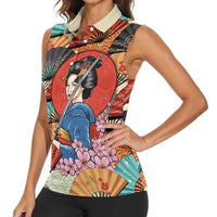 Japanese Geisha Katana Women Sleeveless Polo Shirt - Japan Sensu Seigaiha Pattern LT14 - Polynesian Pride