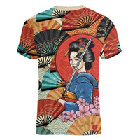 Japanese Geisha Katana Women V-Neck T-Shirt Japan Sensu Seigaiha Pattern LT14 - Polynesian Pride