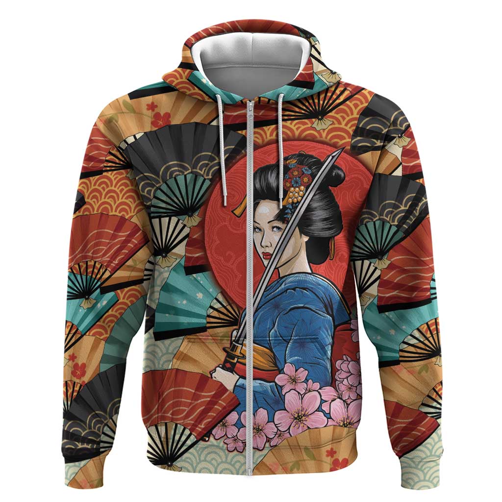 Japanese Geisha Katana Zip Hoodie Japan Sensu Seigaiha Pattern LT14 Zip Hoodie Multicolor - Polynesian Pride