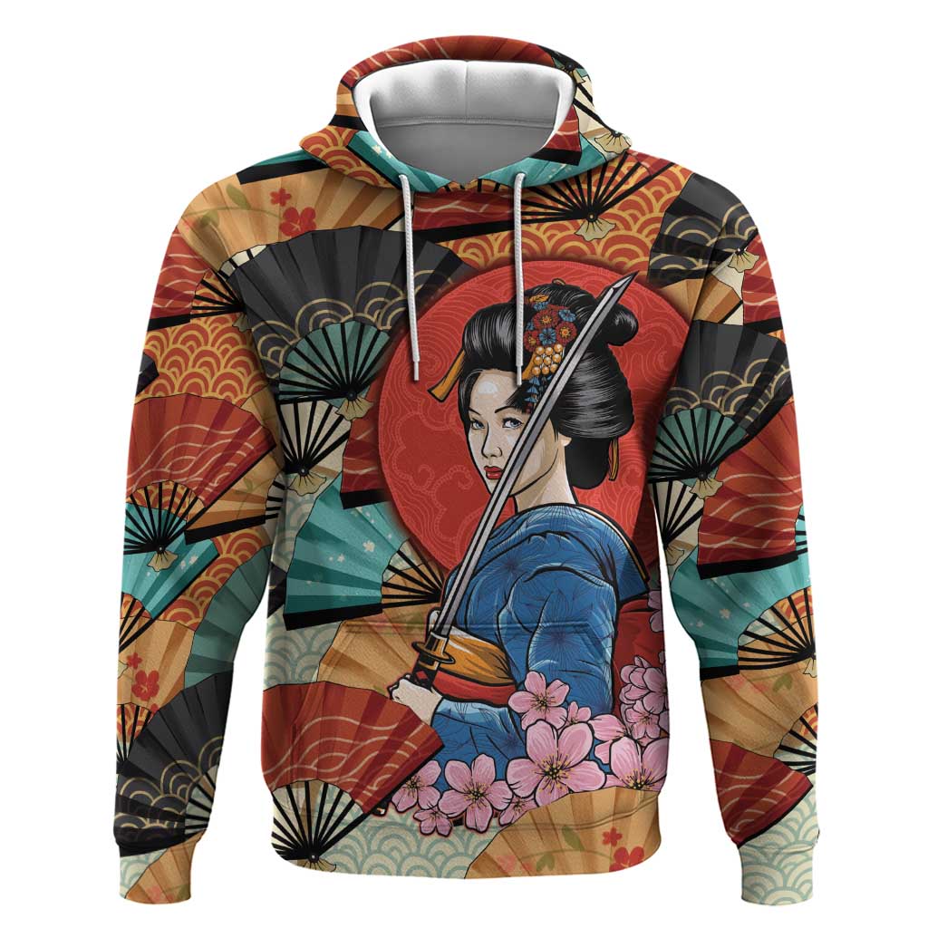 Japanese Geisha Katana Zip Hoodie Japan Sensu Seigaiha Pattern LT14 Pullover Hoodie Multicolor - Polynesian Pride