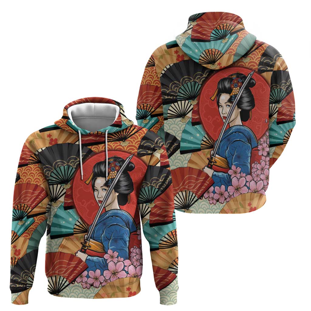 Japanese Geisha Katana Zip Hoodie Japan Sensu Seigaiha Pattern LT14 - Polynesian Pride