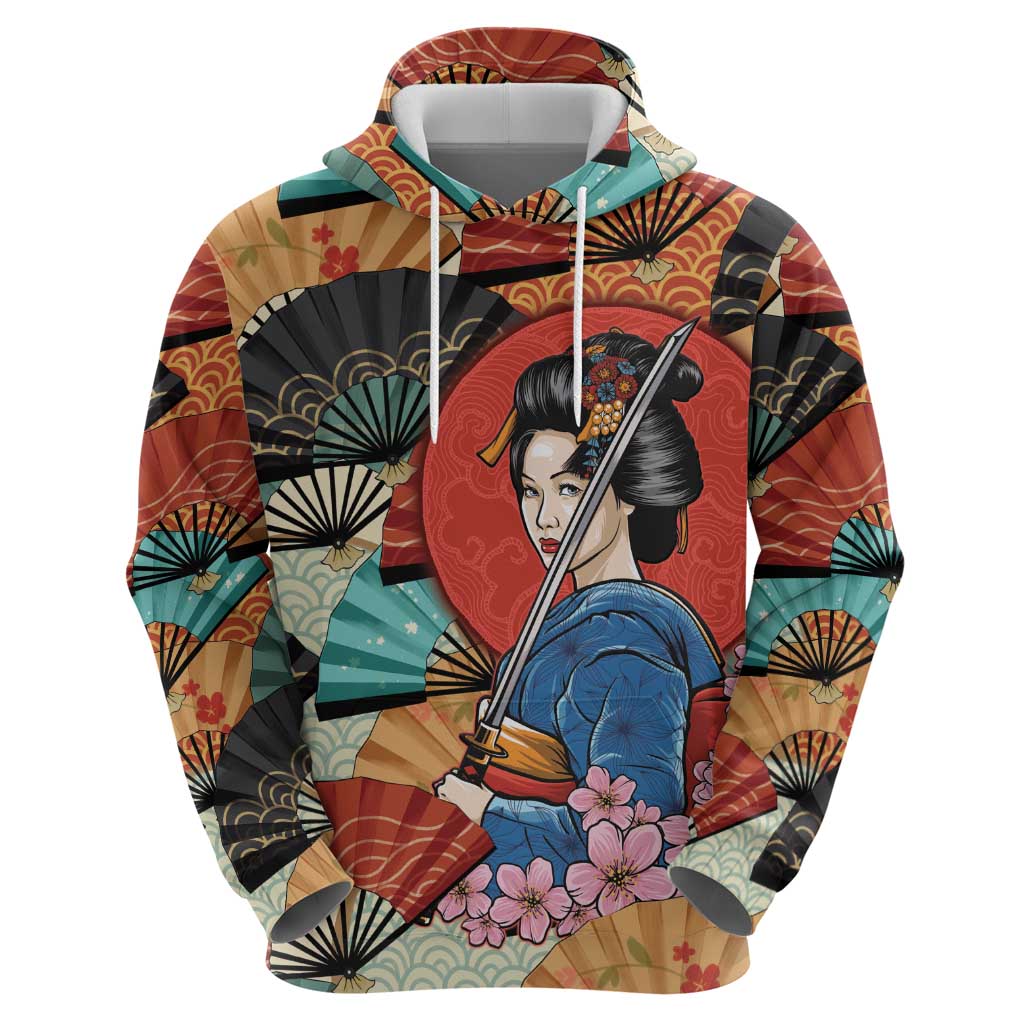 Japanese Geisha Katana Zip Hoodie Japan Sensu Seigaiha Pattern LT14 - Polynesian Pride