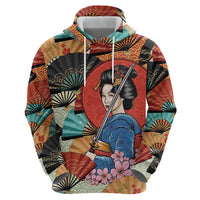 Japanese Geisha Katana Zip Hoodie Japan Sensu Seigaiha Pattern LT14 - Polynesian Pride