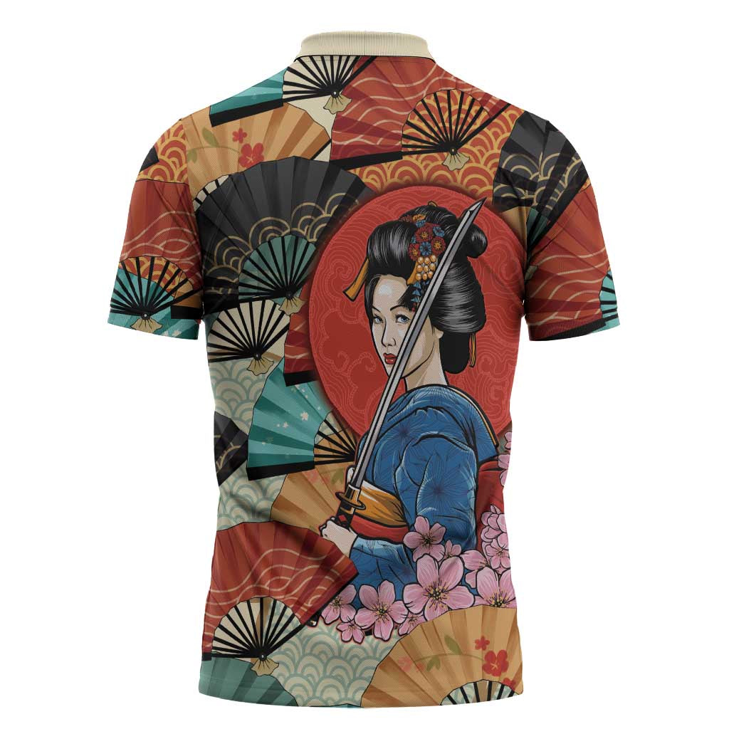 Japanese Geisha Katana Zipper Polo Shirt Japan Sensu Seigaiha Pattern - Polynesian Pride