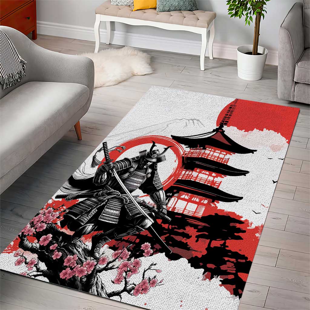 Japanese Samurai Warrior Enso Area Rug Japan Pagoda Sakura Watercolor - Polynesian Pride