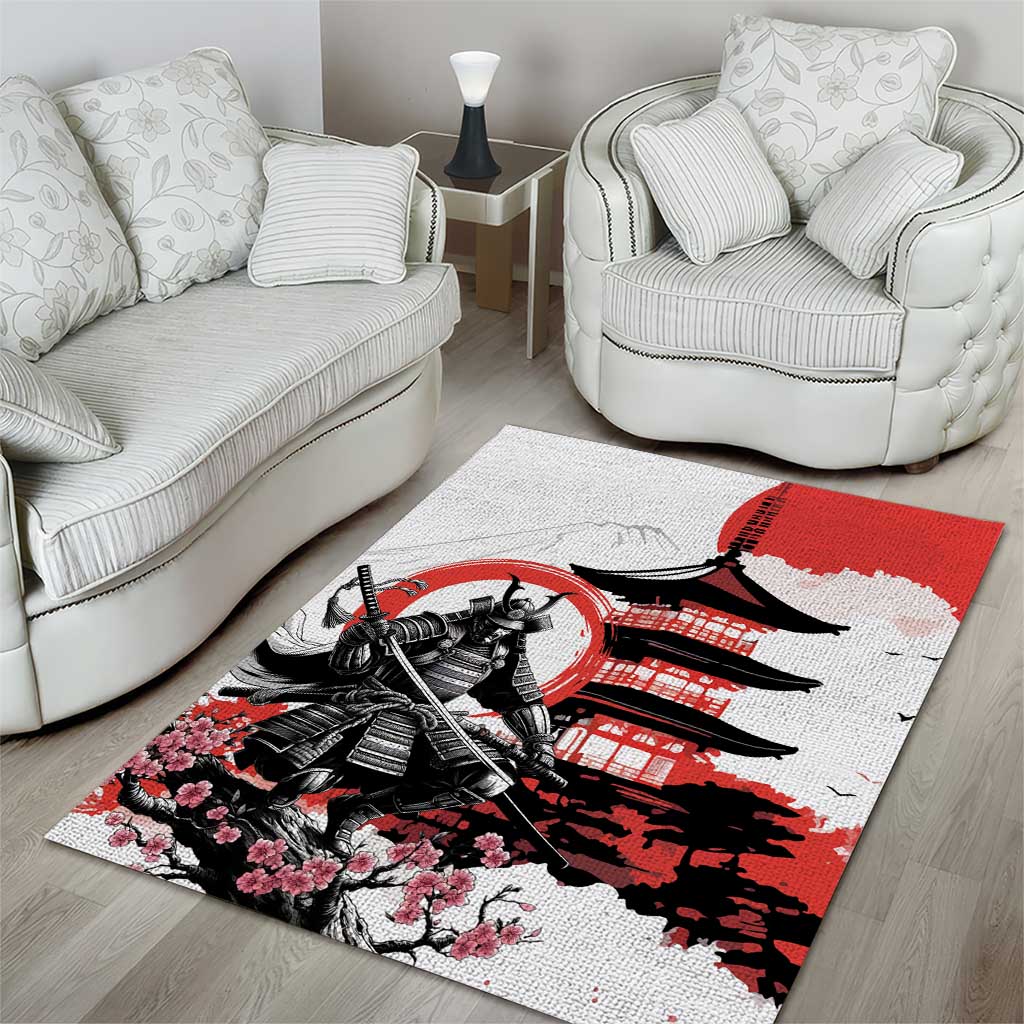 Japanese Samurai Warrior Enso Area Rug Japan Pagoda Sakura Watercolor - Polynesian Pride
