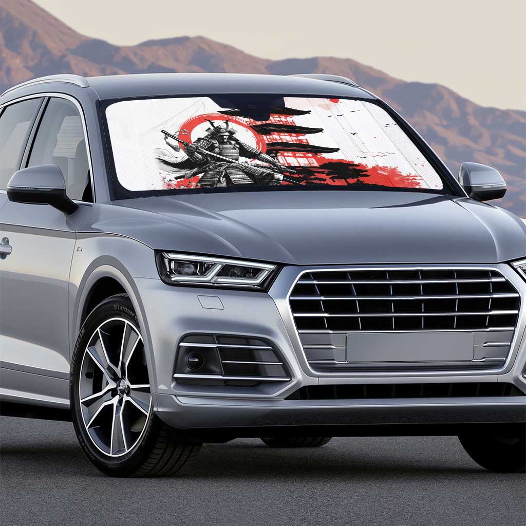 Japanese Samurai Warrior Enso Auto Sun Shade Japan Pagoda Sakura Watercolor - Polynesian Pride