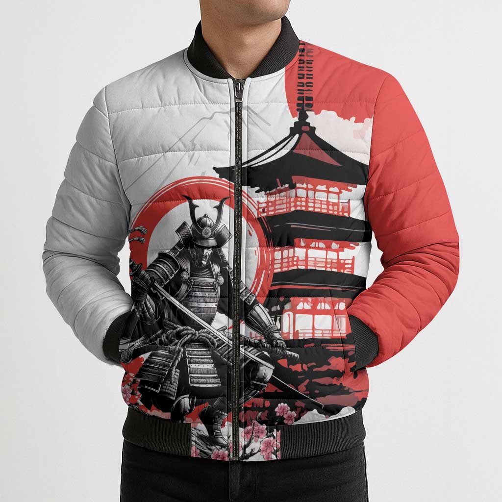 Japanese Samurai Warrior Enso Bomber Puffer Jacket Japan Pagoda Sakura Watercolor - Polynesian Pride