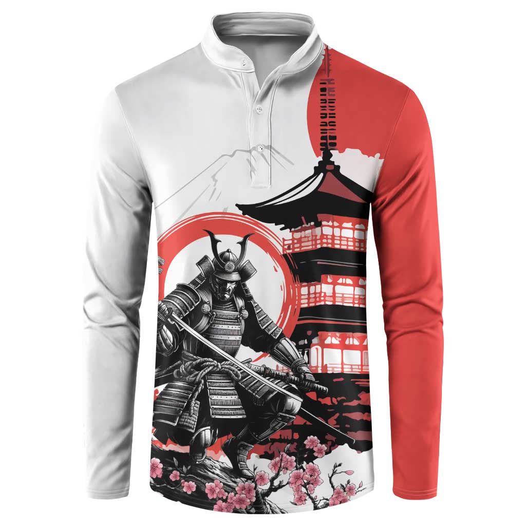 Japanese Samurai Warrior Enso Button Sweatshirt Japan Pagoda Sakura Watercolor LT14 White - Polynesian Pride