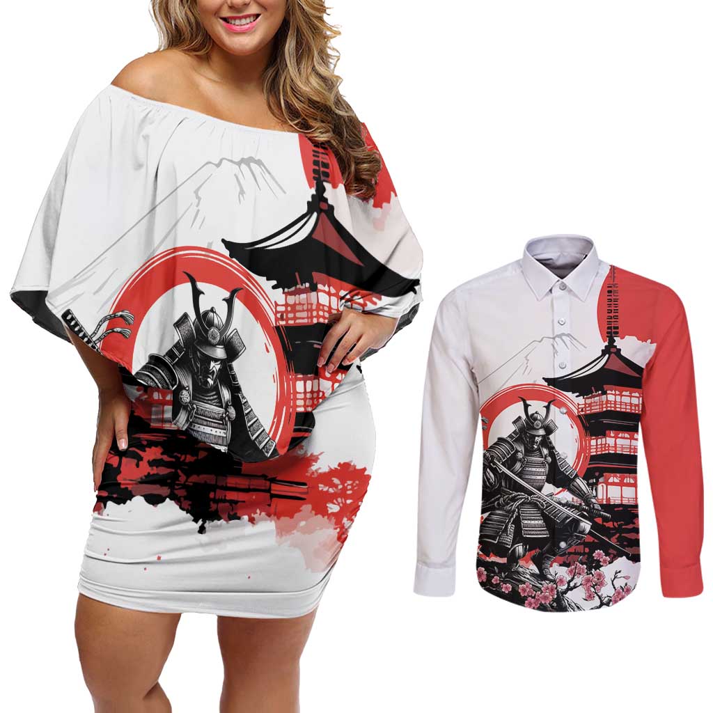 Japanese Samurai Warrior Enso Couples Matching Off Shoulder Short Dress and Long Sleeve Button Shirt Japan Pagoda Sakura Watercolor LT14 White - Polynesian Pride