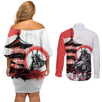 Japanese Samurai Warrior Enso Couples Matching Off Shoulder Short Dress and Long Sleeve Button Shirt Japan Pagoda Sakura Watercolor LT14 - Polynesian Pride