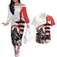 Japanese Samurai Warrior Enso Couples Matching Off The Shoulder Long Sleeve Dress and Hawaiian Shirt Japan Pagoda Sakura Watercolor LT14 White - Polynesian Pride
