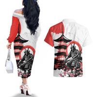 Japanese Samurai Warrior Enso Couples Matching Off The Shoulder Long Sleeve Dress and Hawaiian Shirt Japan Pagoda Sakura Watercolor LT14 - Polynesian Pride