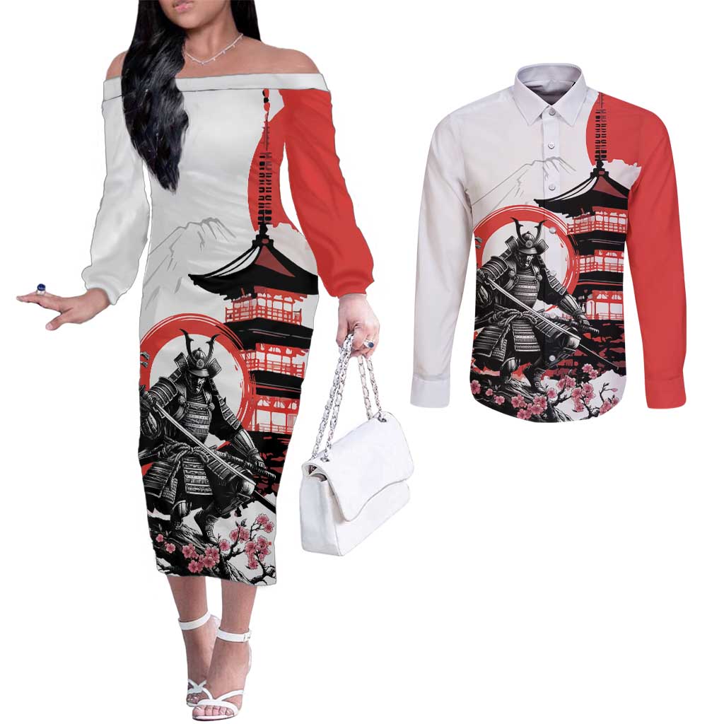 Japanese Samurai Warrior Enso Couples Matching Off The Shoulder Long Sleeve Dress and Long Sleeve Button Shirt Japan Pagoda Sakura Watercolor LT14 White - Polynesian Pride