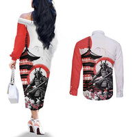 Japanese Samurai Warrior Enso Couples Matching Off The Shoulder Long Sleeve Dress and Long Sleeve Button Shirt Japan Pagoda Sakura Watercolor LT14 - Polynesian Pride