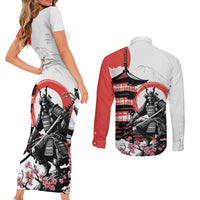 Japanese Samurai Warrior Enso Couples Matching Short Sleeve Bodycon Dress and Long Sleeve Button Shirt Japan Pagoda Sakura Watercolor LT14 - Polynesian Pride