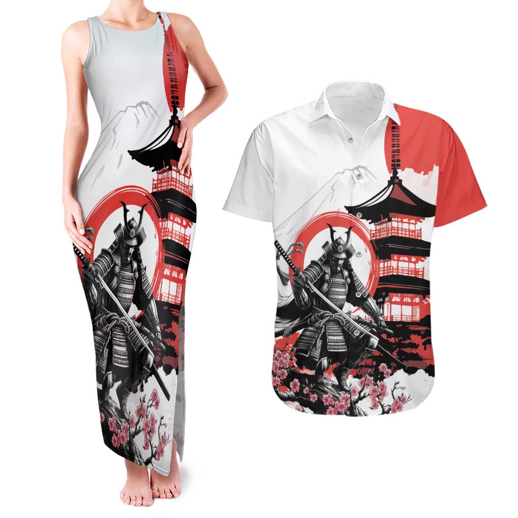 Japanese Samurai Warrior Enso Couples Matching Tank Maxi Dress and Hawaiian Shirt Japan Pagoda Sakura Watercolor - Polynesian Pride