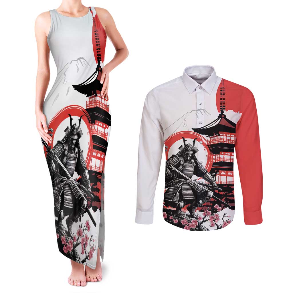 Japanese Samurai Warrior Enso Couples Matching Tank Maxi Dress and Long Sleeve Button Shirt Japan Pagoda Sakura Watercolor LT14 White - Polynesian Pride