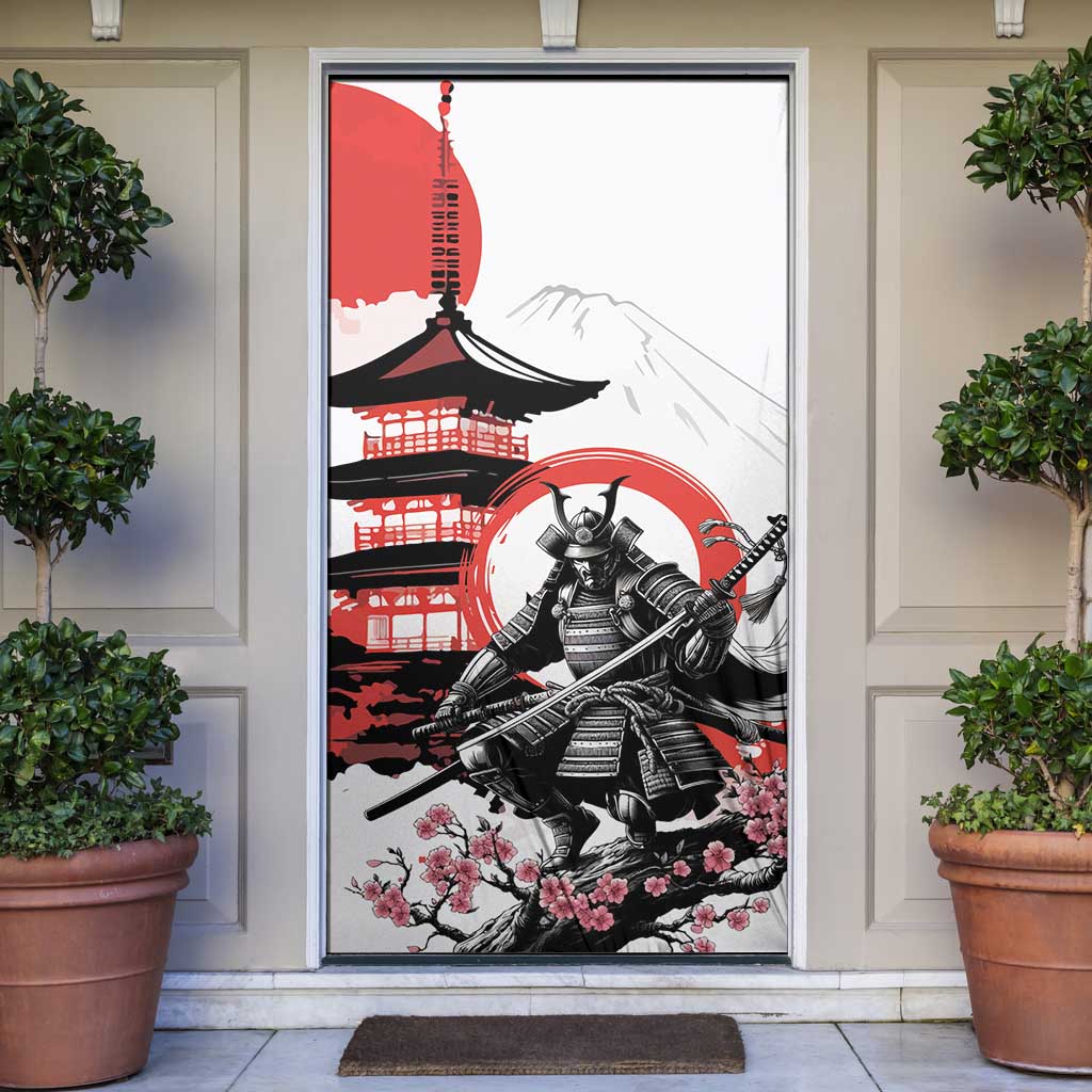 Japanese Samurai Warrior Enso Door Cover Japan Pagoda Sakura Watercolor - Polynesian Pride