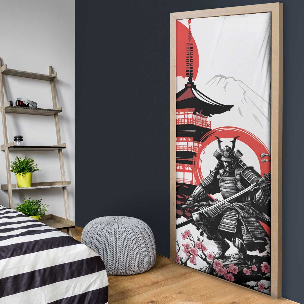 Japanese Samurai Warrior Enso Door Cover Japan Pagoda Sakura Watercolor - Polynesian Pride
