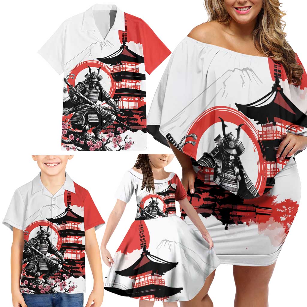 Japanese Samurai Warrior Enso Family Matching Off Shoulder Short Dress and Hawaiian Shirt Japan Pagoda Sakura Watercolor - Polynesian Pride