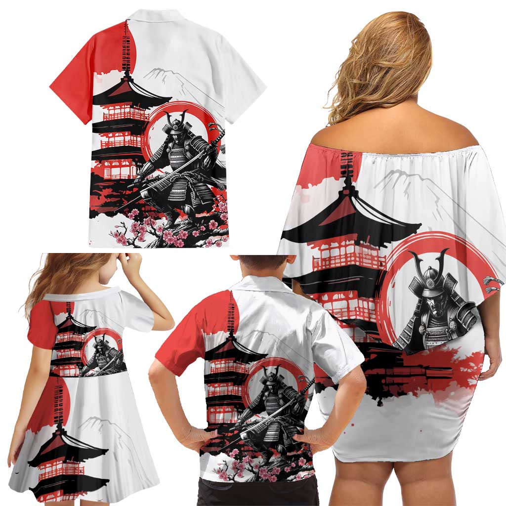 Japanese Samurai Warrior Enso Family Matching Off Shoulder Short Dress and Hawaiian Shirt Japan Pagoda Sakura Watercolor - Polynesian Pride
