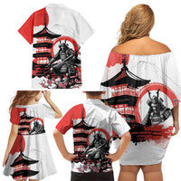 Japanese Samurai Warrior Enso Family Matching Off Shoulder Short Dress and Hawaiian Shirt Japan Pagoda Sakura Watercolor - Polynesian Pride