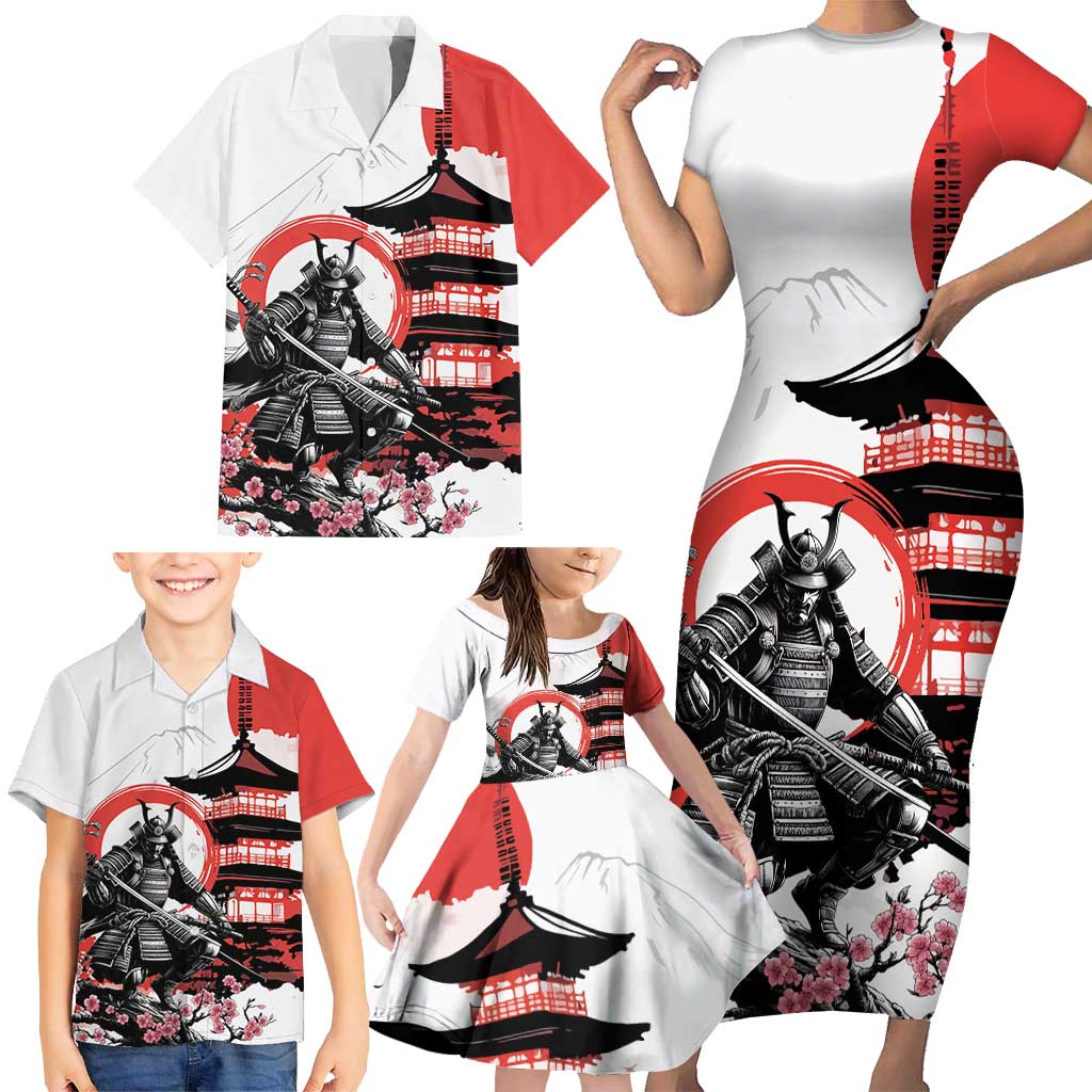 Japanese Samurai Warrior Enso Family Matching Short Sleeve Bodycon Dress and Hawaiian Shirt Japan Pagoda Sakura Watercolor LT14 - Polynesian Pride