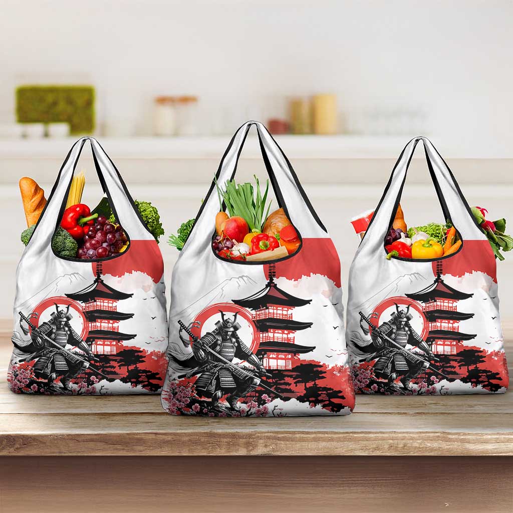 Japanese Samurai Warrior Enso Grocery Bag Japan Pagoda Sakura Watercolor - Polynesian Pride