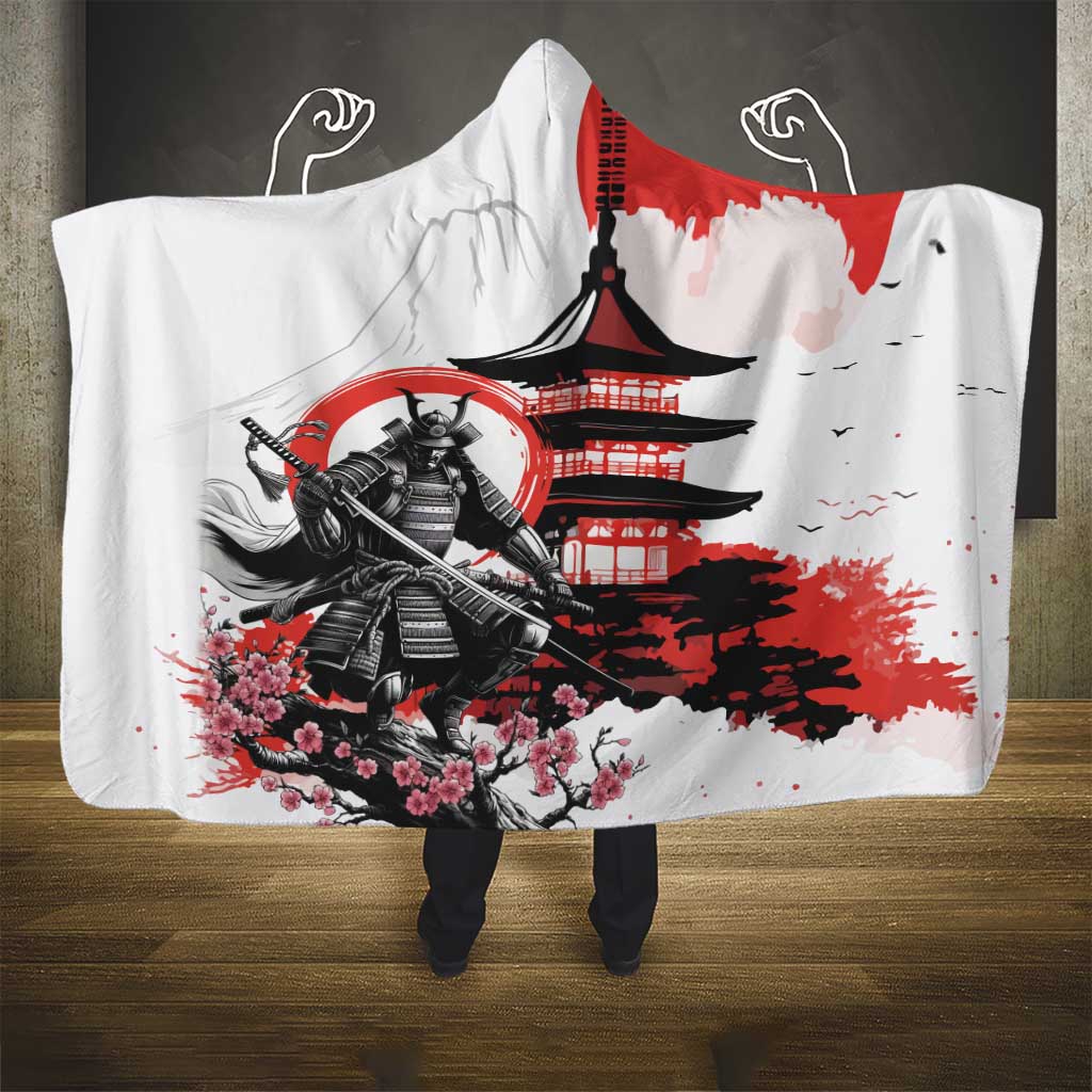 Japanese Samurai Warrior Enso Hooded Blanket Japan Pagoda Sakura Watercolor - Polynesian Pride