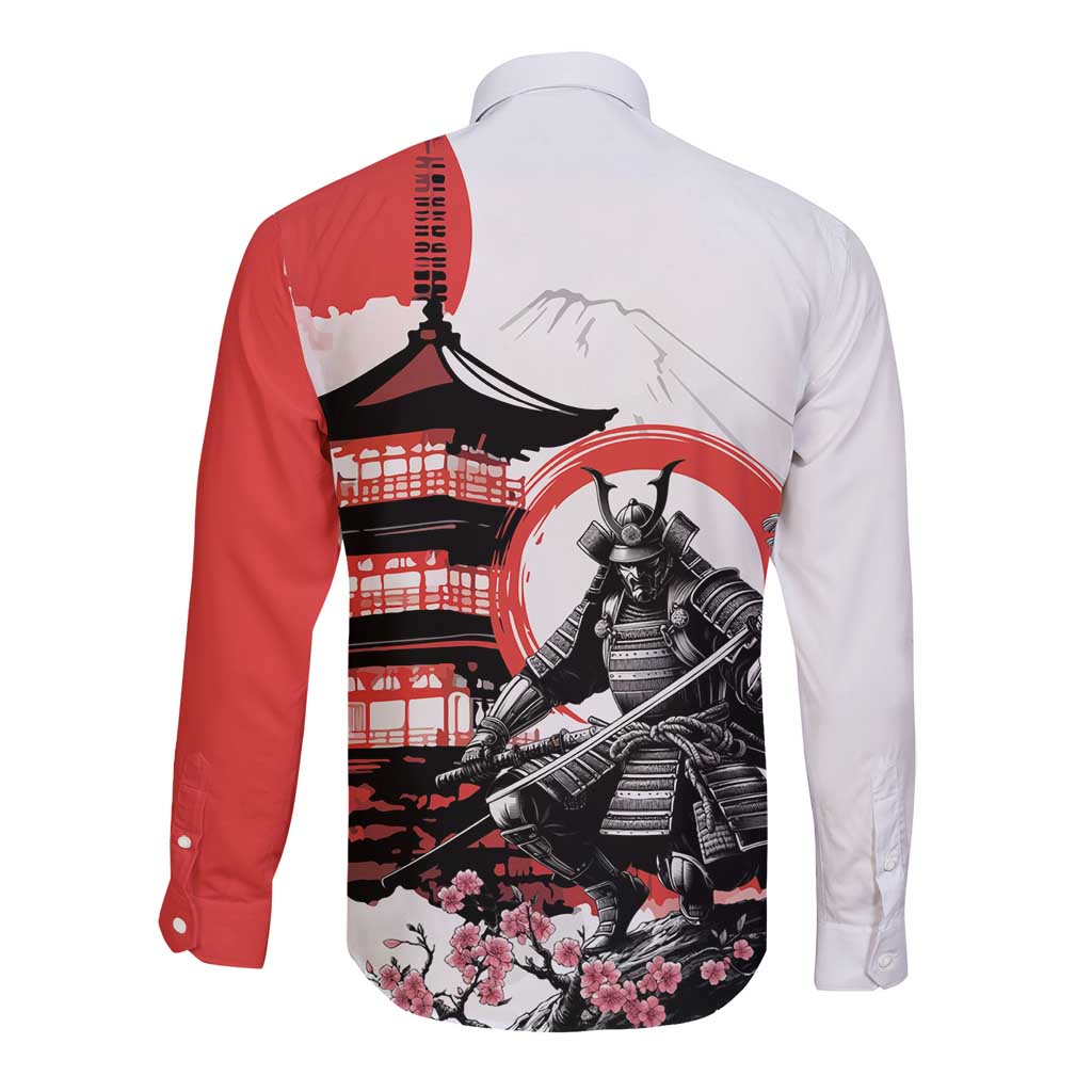 Japanese Samurai Warrior Enso Long Sleeve Button Shirt Japan Pagoda Sakura Watercolor - Polynesian Pride
