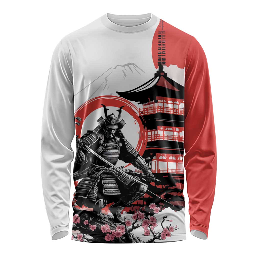 Japanese Samurai Warrior Enso Long Sleeve Shirt Japan Pagoda Sakura Watercolor LT14 Unisex White - Polynesian Pride