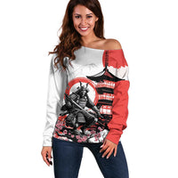 Japanese Samurai Warrior Enso Off Shoulder Sweater Japan Pagoda Sakura Watercolor LT14 Women White - Polynesian Pride