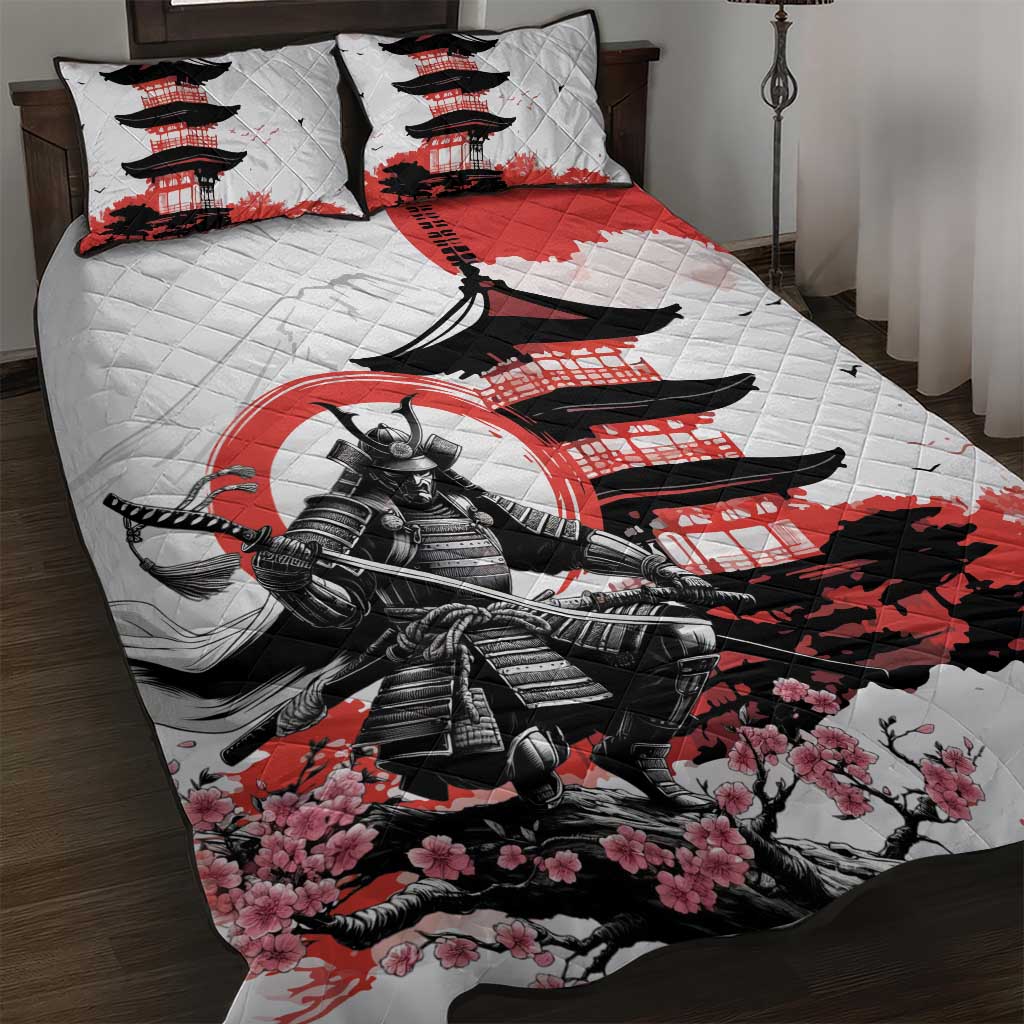 Japanese Samurai Warrior Enso Quilt Bed Set Japan Pagoda Sakura Watercolor - Polynesian Pride