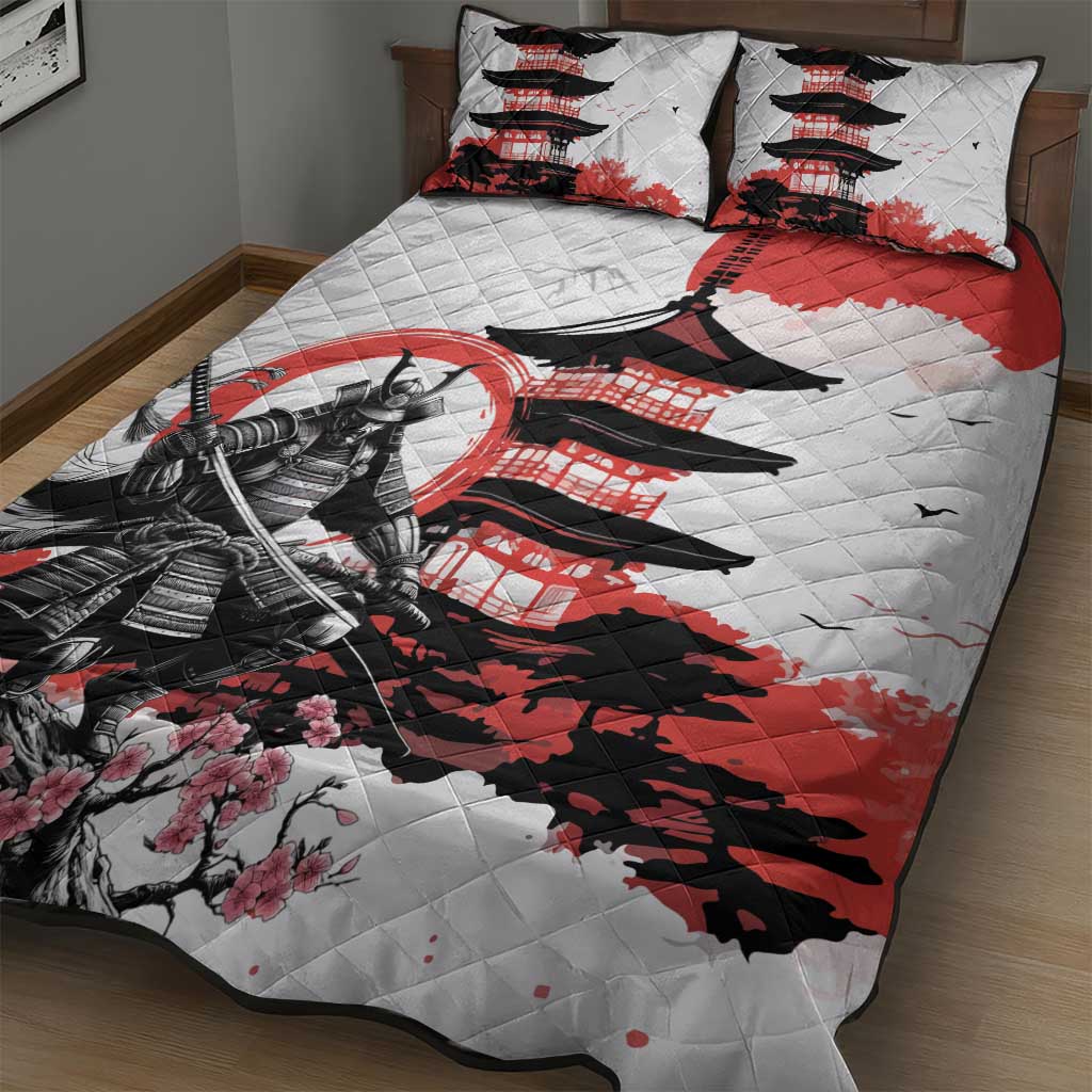 Japanese Samurai Warrior Enso Quilt Bed Set Japan Pagoda Sakura Watercolor - Polynesian Pride