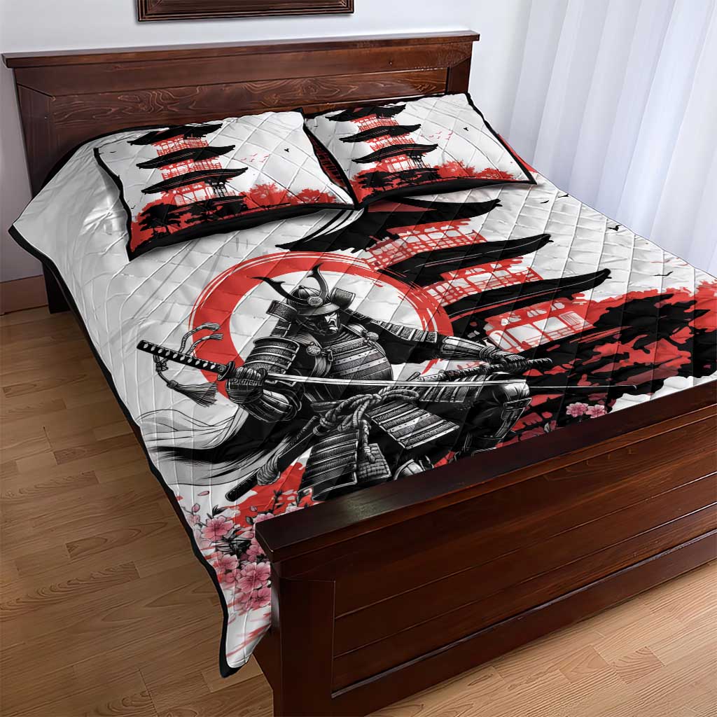 Japanese Samurai Warrior Enso Quilt Bed Set Japan Pagoda Sakura Watercolor - Polynesian Pride