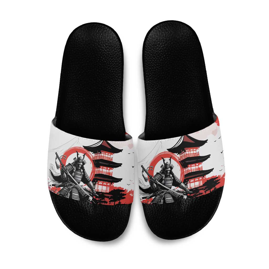 Japanese Samurai Warrior Enso Slide Sandals Japan Pagoda Sakura Watercolor LT14 White - Polynesian Pride
