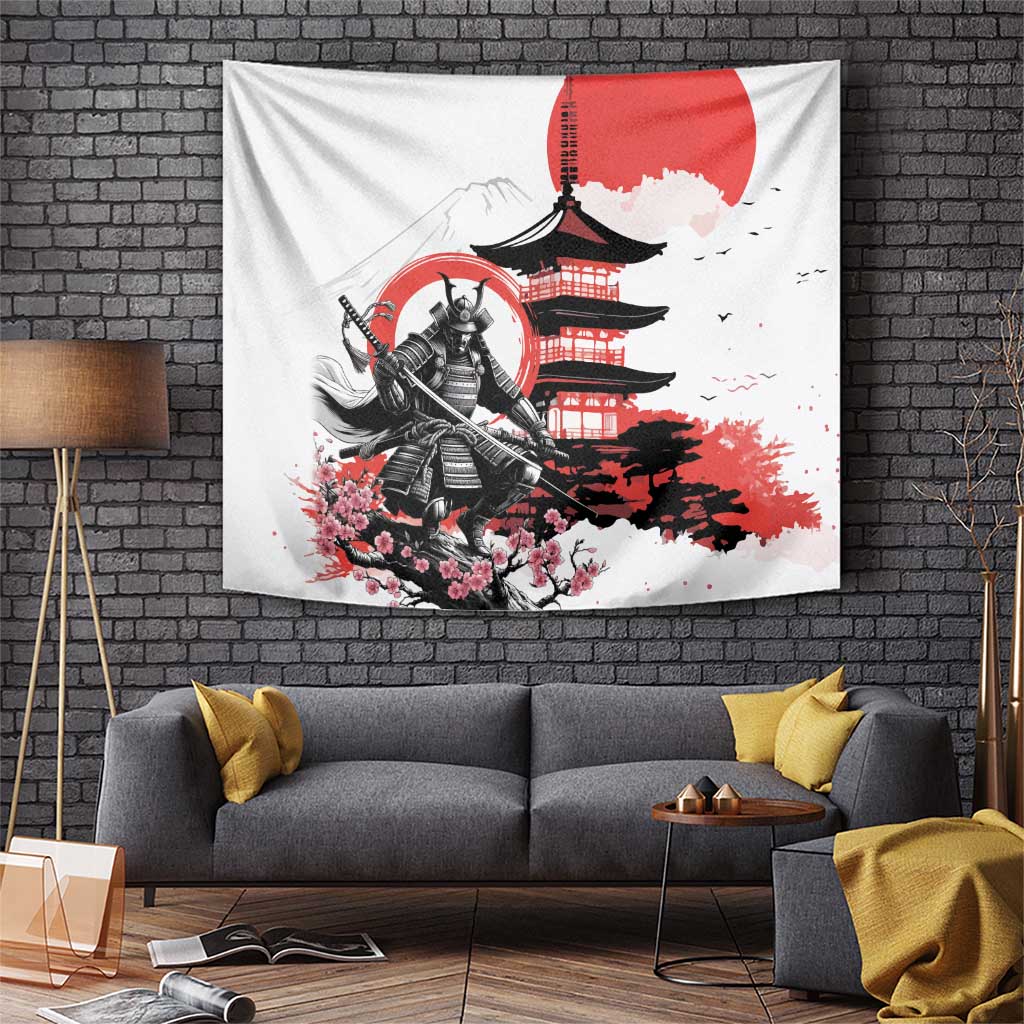 Japanese Samurai Warrior Enso Tapestry Japan Pagoda Sakura Watercolor LT14 White - Polynesian Pride
