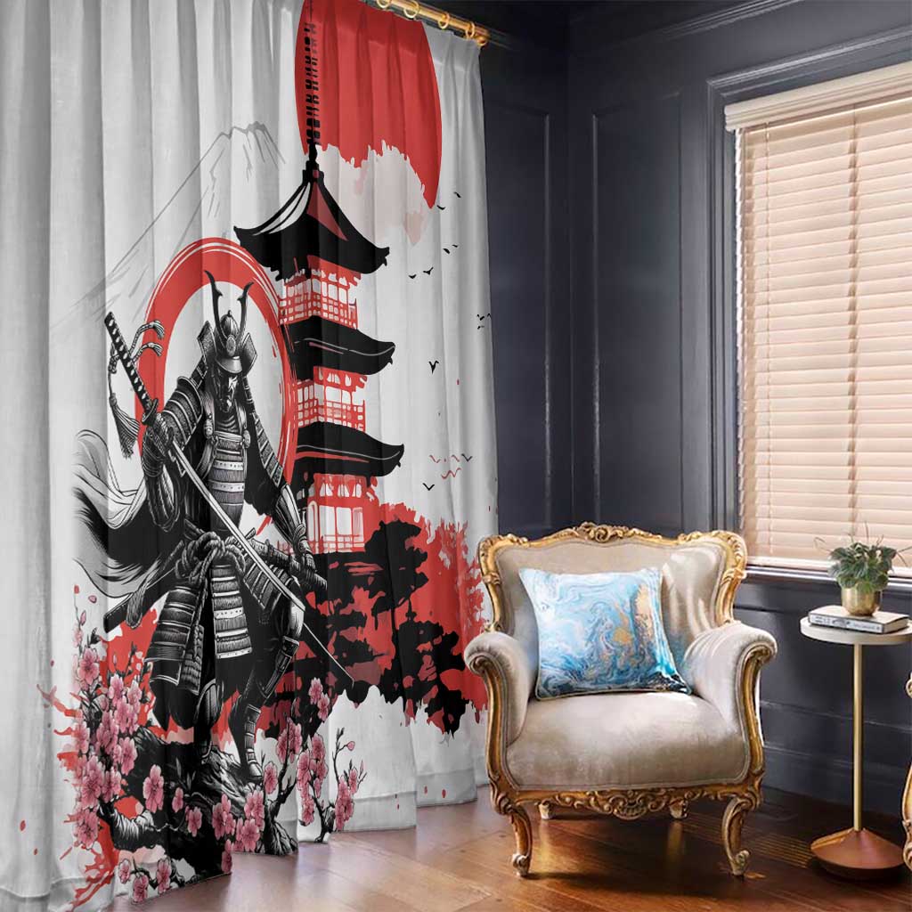 Japanese Samurai Warrior Enso Window Curtain Japan Pagoda Sakura Watercolor - Polynesian Pride
