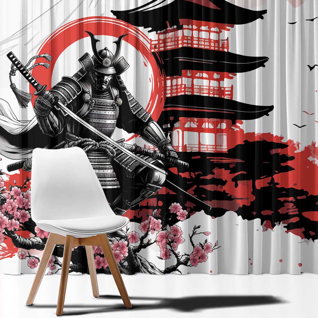 Japanese Samurai Warrior Enso Window Curtain Japan Pagoda Sakura Watercolor - Polynesian Pride